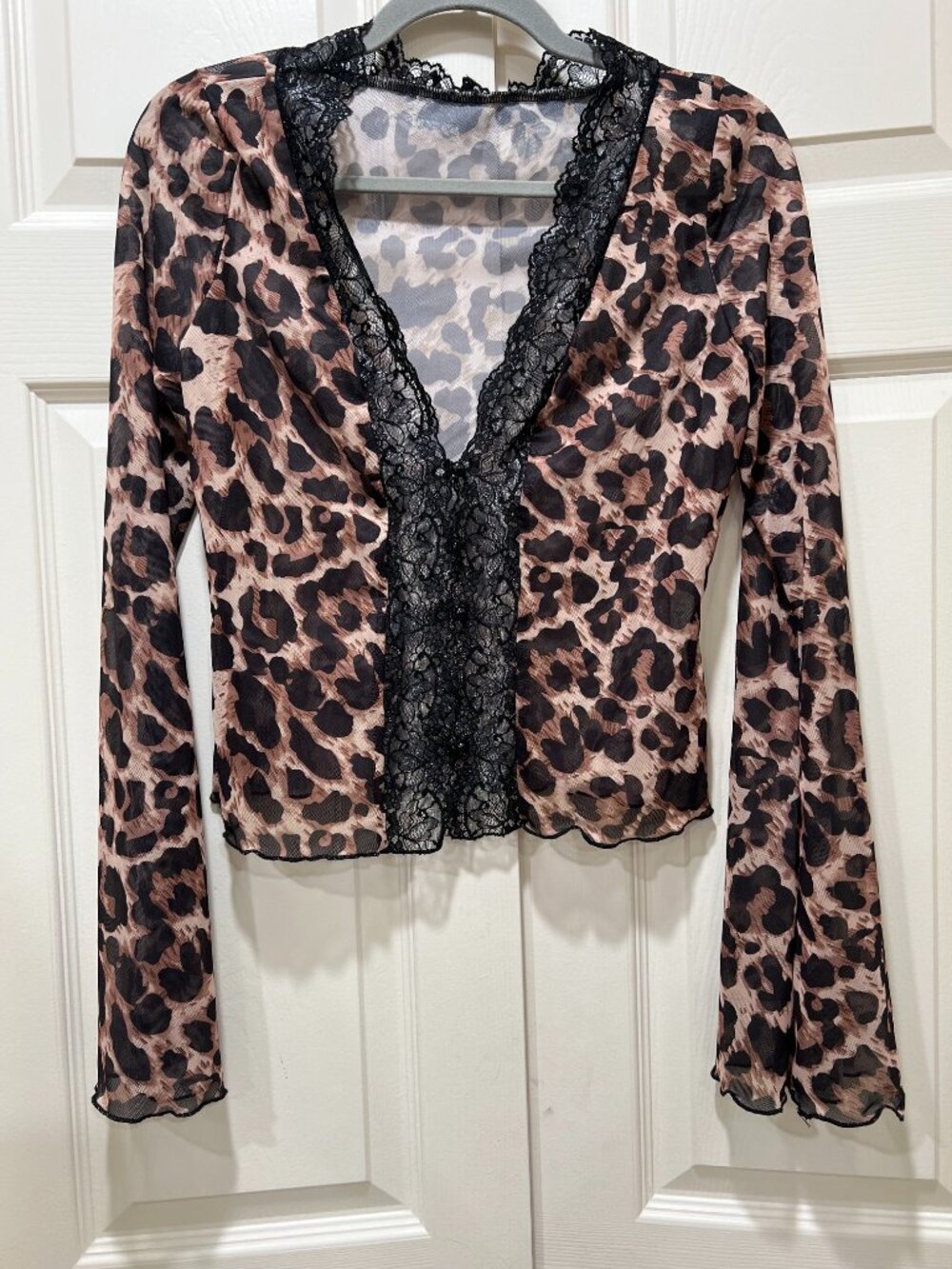 Women’s SHEIN Sheer Leopard Long Sleeve, V-neck, Black Lace Mesh - Large